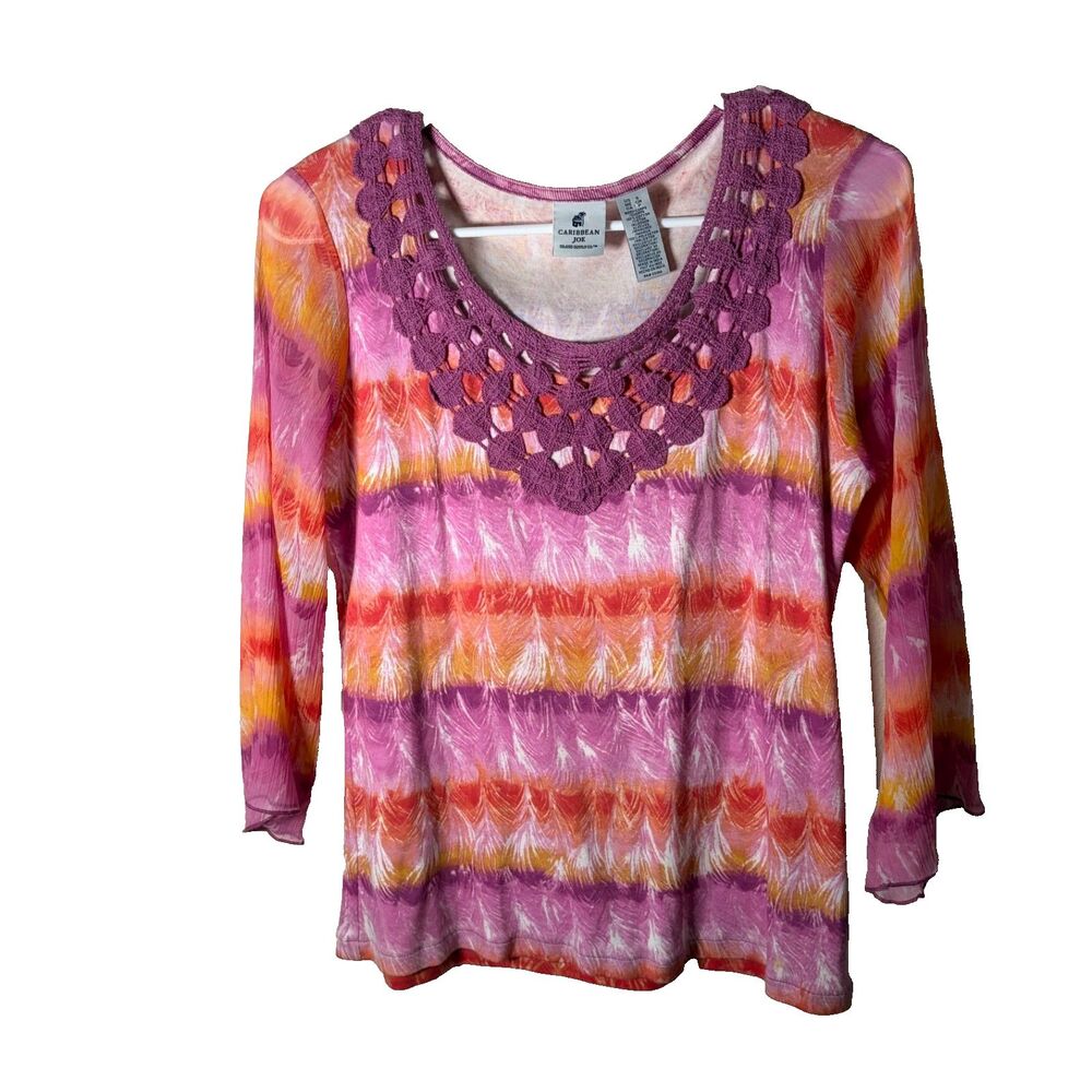 Caribbean Joe T-Shirt Women's Small Striped Crochet 3/4 Sleeve Casual Top